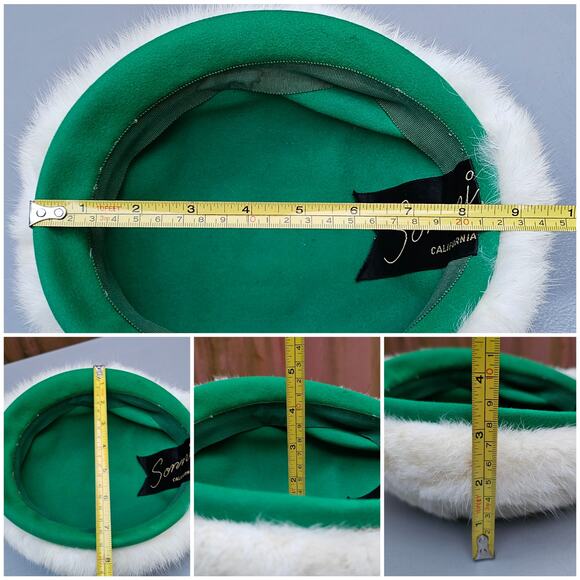 VTG White Rabbit Fur Hat Sonni California Green Velvet Fascinator Elegant 60s - Picture 6 of 10
